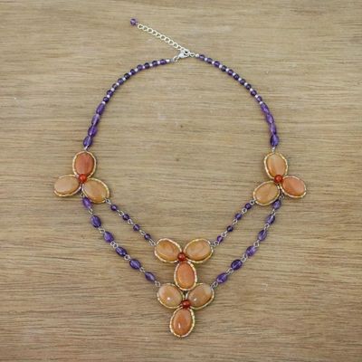 Alternate image for Handmade Carnelian Amethyst Glass Floral Pendant Necklace Dawn Bloom in Orange