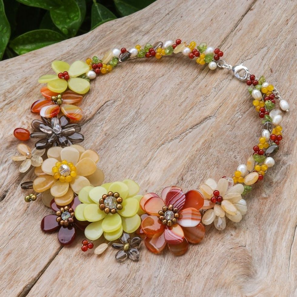 Cultured pearl and carnelian beaded necklace 'Joyous Camellia'