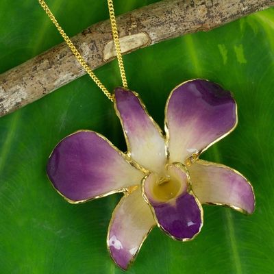 Alternate image for Gold Plated Natural Flower Pendant Necklace Orchid Fantasy