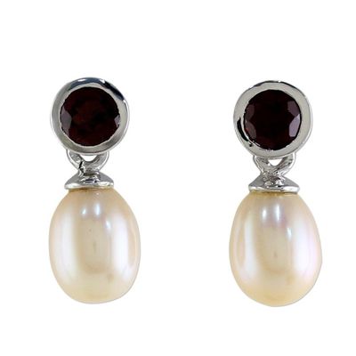 Alternate image for Hand Crafted Garnet and Cultured Pearl Earrings Halo Light