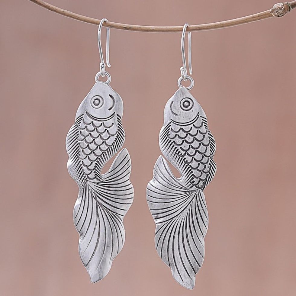 Sterling Silver Goldfish Dangle Earrings from Thailand 'Goldfish Bliss'