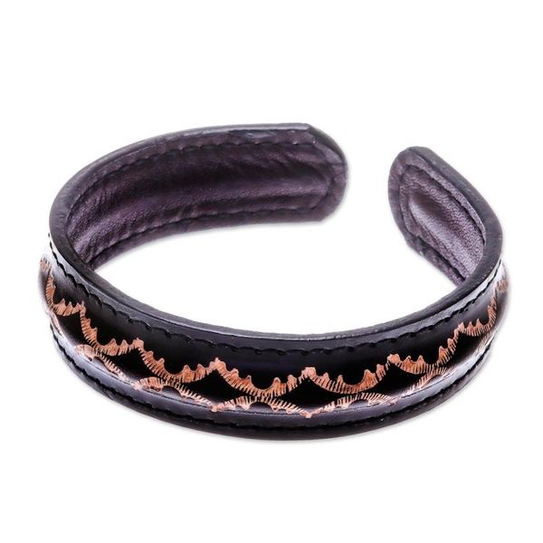 Alternate image for Diamond Pattern Leather Cuff Bracelet in Black from Thailand Thai Pattern in Black