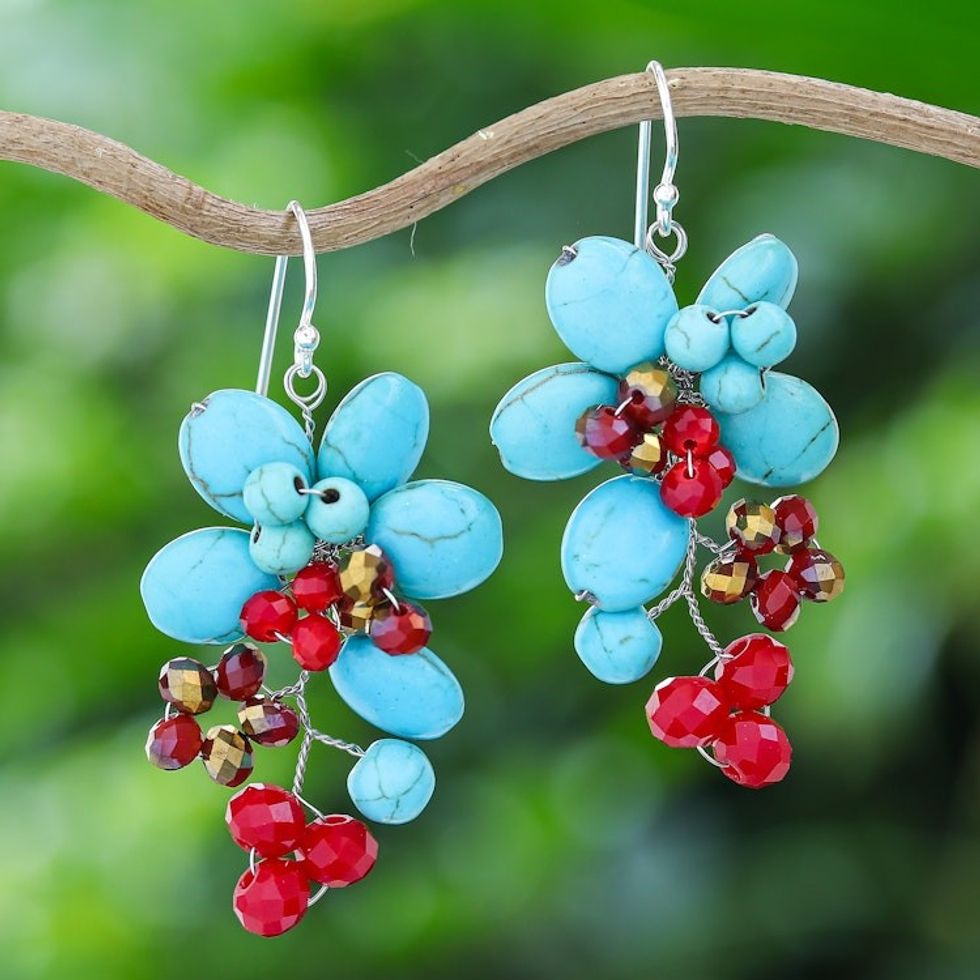 Floral Howlite and Glass Beaded Cluster Dangle Earrings 'Summer Blossoming'