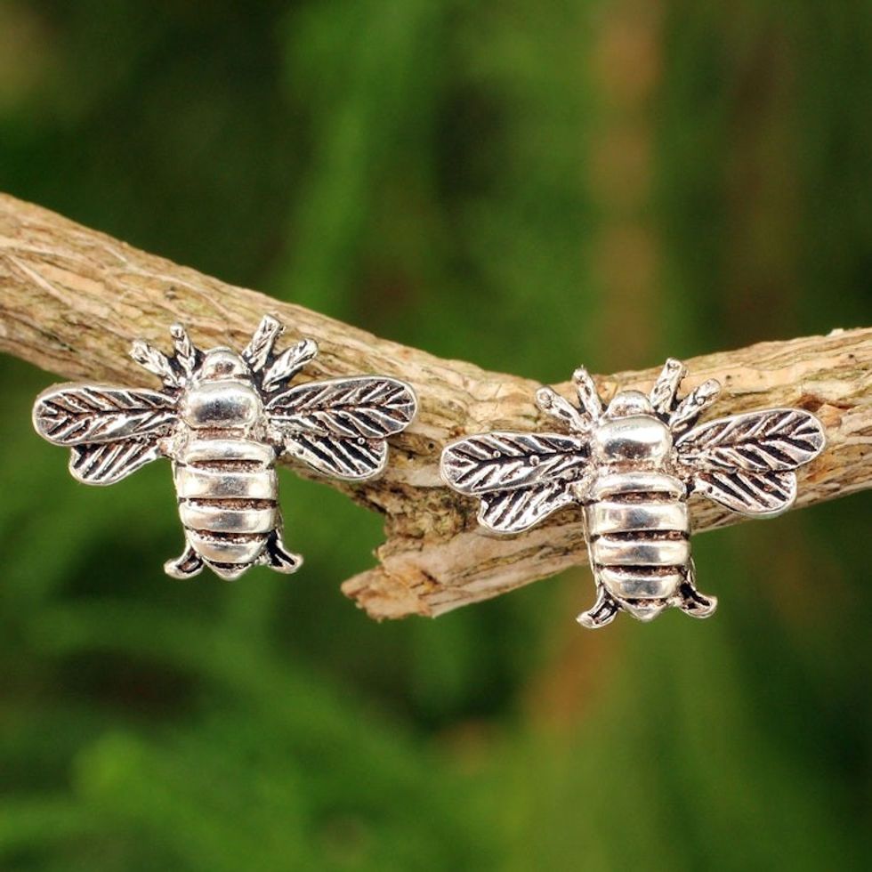 Honeybee Sterling Silver Stud Earrings 'Happy Honeybee'