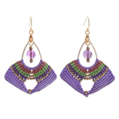 Alternate image for Handcrafted Purple Macrame Dangle Earrings with Glass Beads Purple Flight