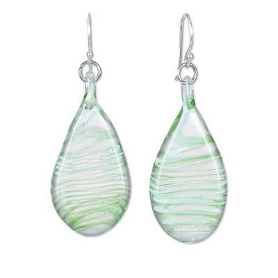 Alternate image for Handblown Glass Dangle Earrings with Green  White Spirals Green Ovate Leaf