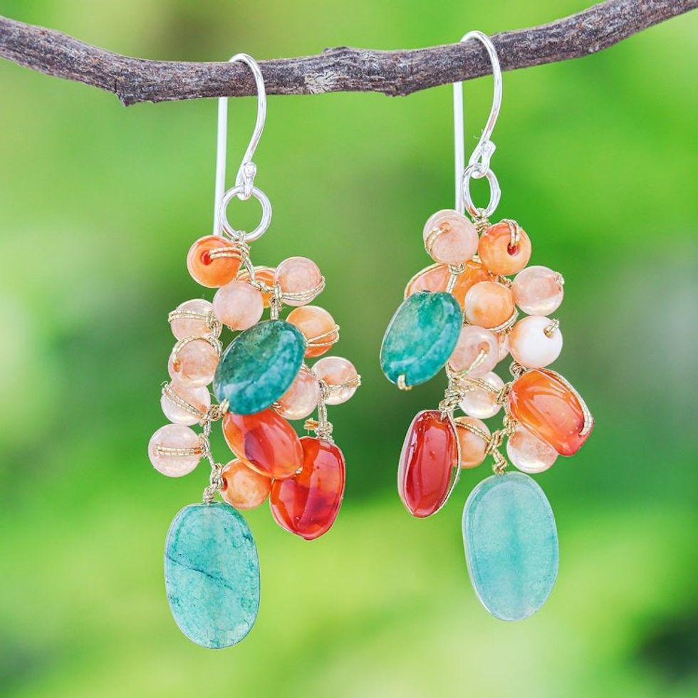 Carnelian and Quartz Beaded Dangle Earrings 'Bright Garden'