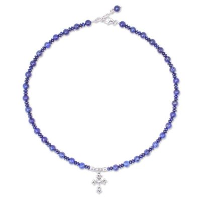 Alternate image for Handmade Lapis Lazuli Beaded Pendant Necklace Sky and Sea Cross