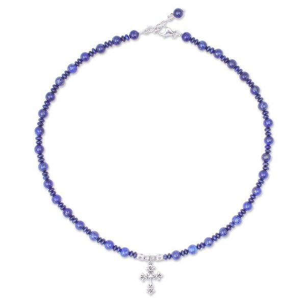 Alternate image for Handmade Lapis Lazuli Beaded Pendant Necklace Sky and Sea Cross