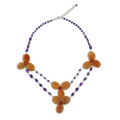 Alternate image for Handmade Carnelian Amethyst Glass Floral Pendant Necklace Dawn Bloom in Orange