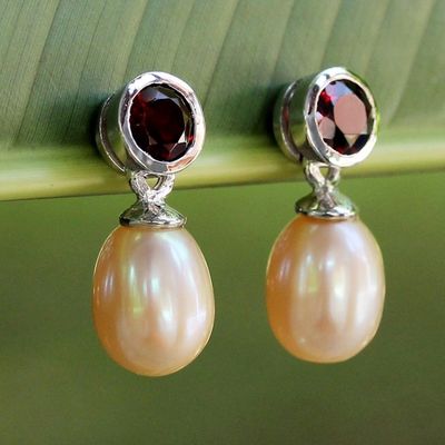Alternate image for Hand Crafted Garnet and Cultured Pearl Earrings Halo Light