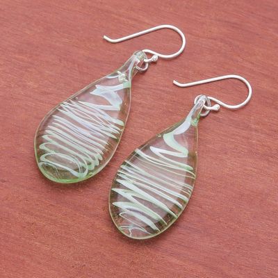 Alternate image for Handblown Glass Dangle Earrings with Green  White Spirals Green Ovate Leaf