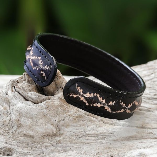 Alternate image for Diamond Pattern Leather Cuff Bracelet in Black from Thailand Thai Pattern in Black