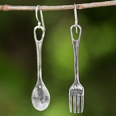 Alternate image for Fork and Spoon Sterling Silver Dangle Earrings from Thailand Lunch Time