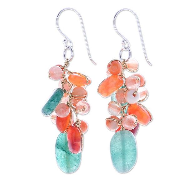 Alternate image for Carnelian and Quartz Beaded Dangle Earrings Bright Garden