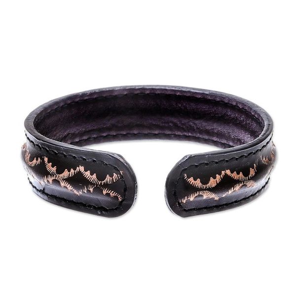 Alternate image for Diamond Pattern Leather Cuff Bracelet in Black from Thailand Thai Pattern in Black
