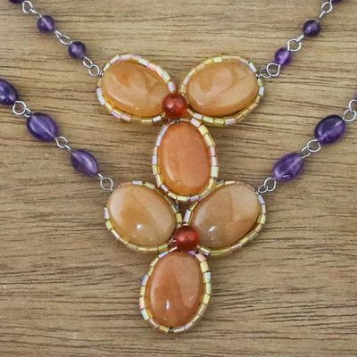 Alternate image for Handmade Carnelian Amethyst Glass Floral Pendant Necklace Dawn Bloom in Orange