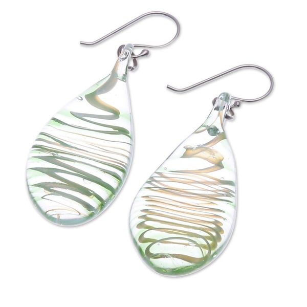 Alternate image for Handblown Glass Dangle Earrings with Green  White Spirals Green Ovate Leaf