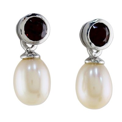 Alternate image for Hand Crafted Garnet and Cultured Pearl Earrings Halo Light
