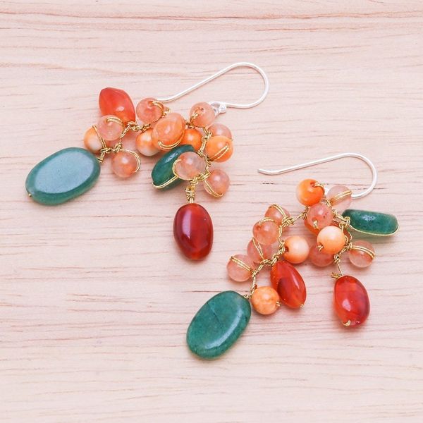 Alternate image for Carnelian and Quartz Beaded Dangle Earrings Bright Garden