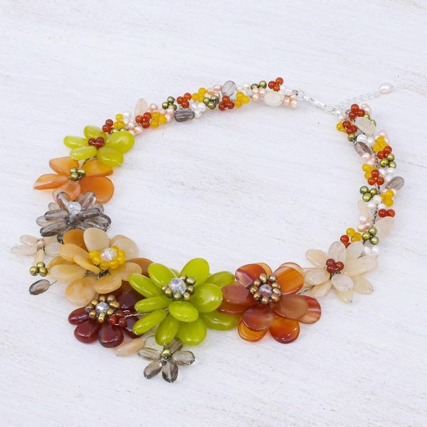 Alternate image for Cultured pearl and carnelian beaded necklace Joyous Camellia