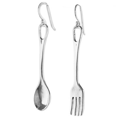 Alternate image for Fork and Spoon Sterling Silver Dangle Earrings from Thailand Lunch Time
