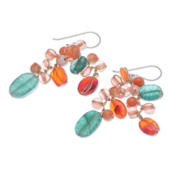 Alternate image for Carnelian and Quartz Beaded Dangle Earrings Bright Garden