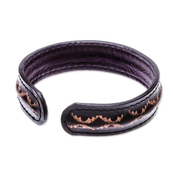 Alternate image for Diamond Pattern Leather Cuff Bracelet in Black from Thailand Thai Pattern in Black