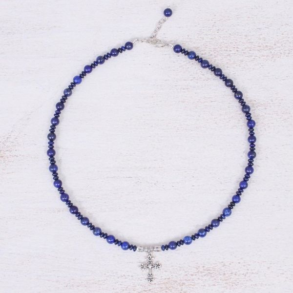 Alternate image for Handmade Lapis Lazuli Beaded Pendant Necklace Sky and Sea Cross