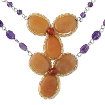 Alternate image for Handmade Carnelian Amethyst Glass Floral Pendant Necklace Dawn Bloom in Orange