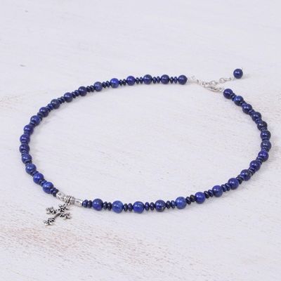 Alternate image for Handmade Lapis Lazuli Beaded Pendant Necklace Sky and Sea Cross