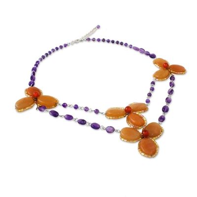 Alternate image for Handmade Carnelian Amethyst Glass Floral Pendant Necklace Dawn Bloom in Orange