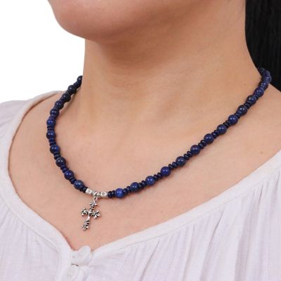 Alternate image for Handmade Lapis Lazuli Beaded Pendant Necklace Sky and Sea Cross