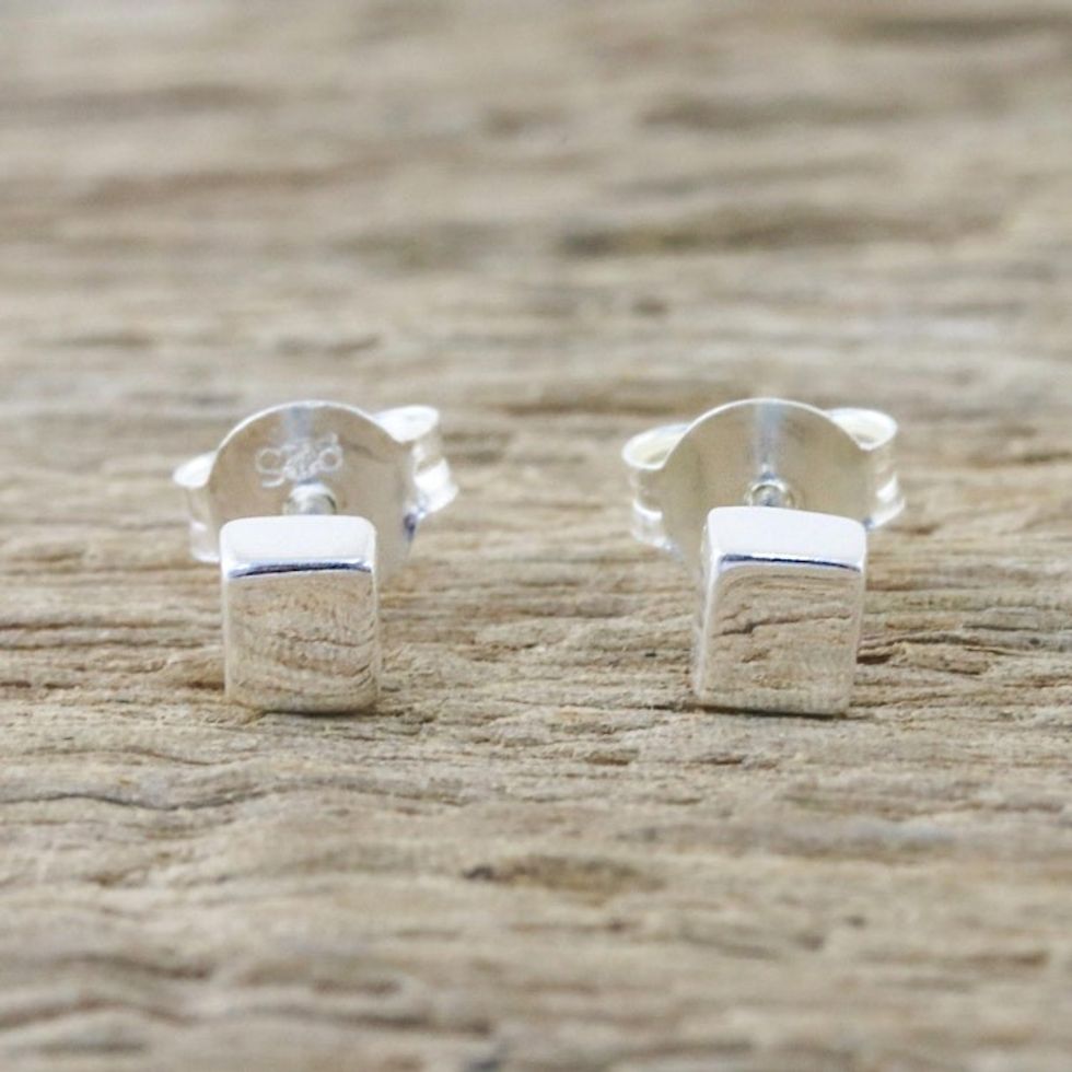 Handcrafted Sterling Silver Stud Earrings from Thailand 'Silver Cubes'