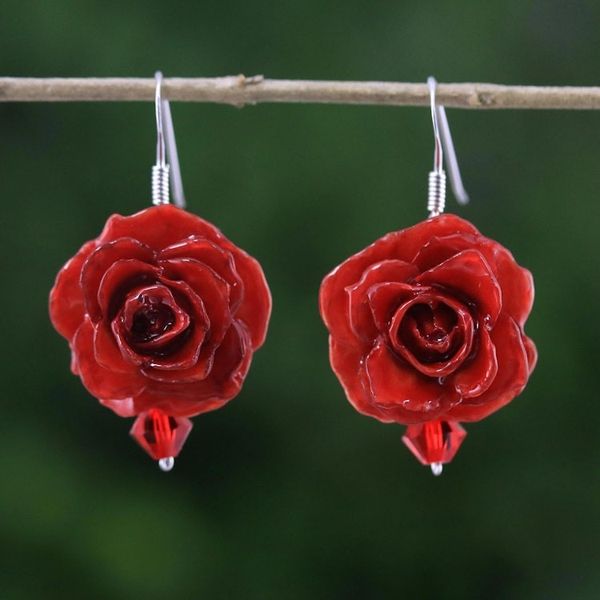 Alternate image for Natural Rose Dangle Earrings in Red from Thailand Floral Temptation in Red