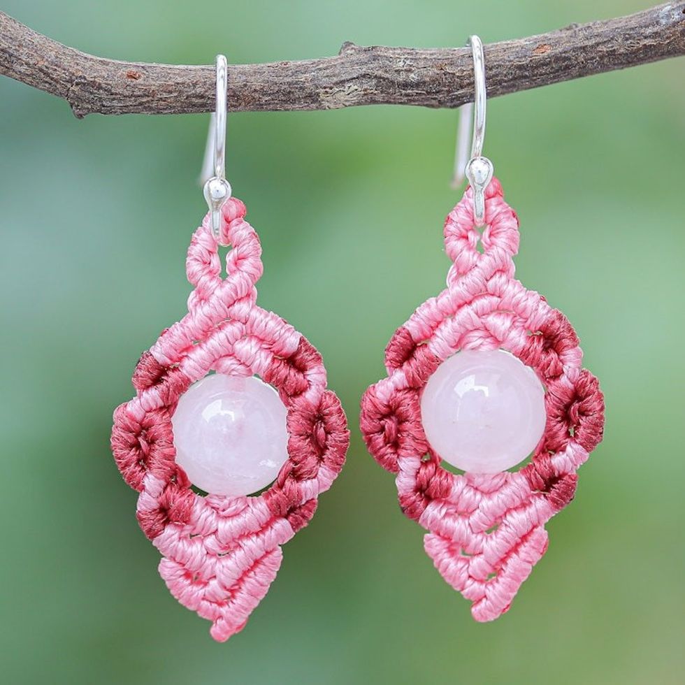 Pink Macrame Earrings with Rose Quartz 'Heartfelt Wish'