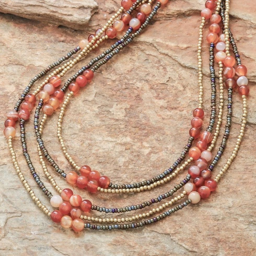 Carnelian Beaded Strand Necklace from Thailand 'Boho Elegance in Red-Orange'