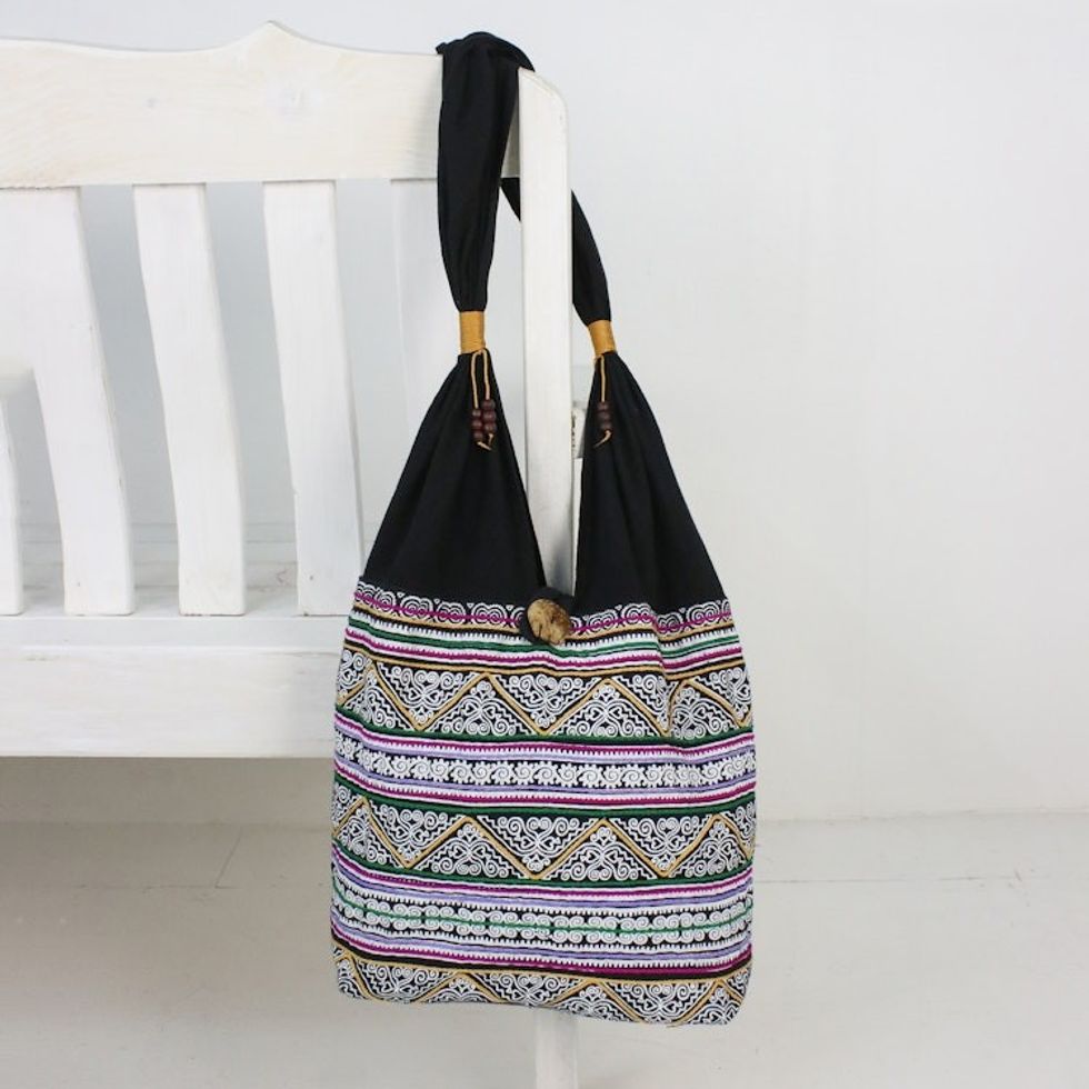 Multicolored Embroidered Cotton Shoulder Bag from Thailand 'Thai Spirals'