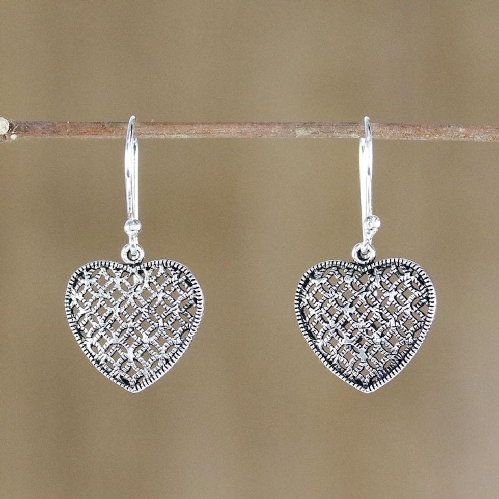 Sterling Silver Heart-Shaped Dangle Earrings from Thailand 'Textured Hearts'