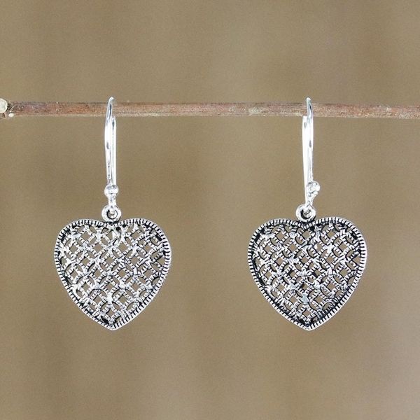 Alternate image for Sterling Silver Heart-Shaped Dangle Earrings from Thailand Textured Hearts