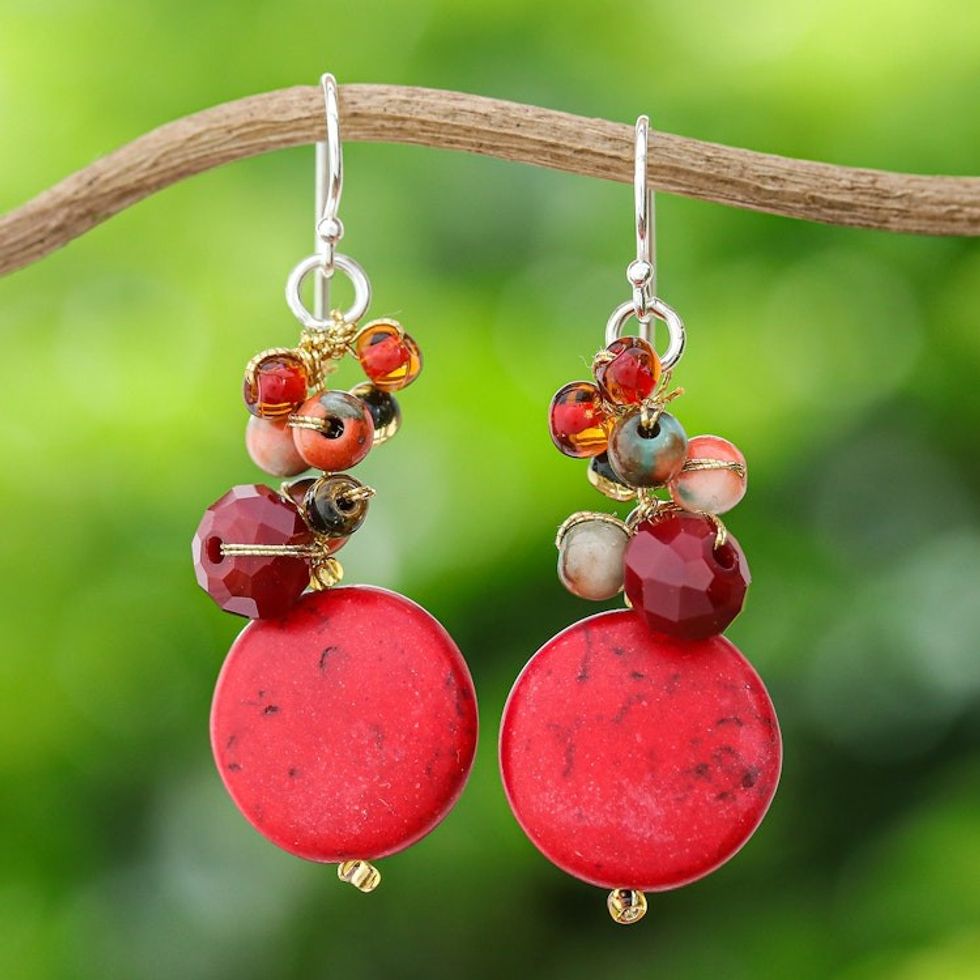 Red Calcite and Glass Bead Dangle Earrings from Thailand 'Red Circles'