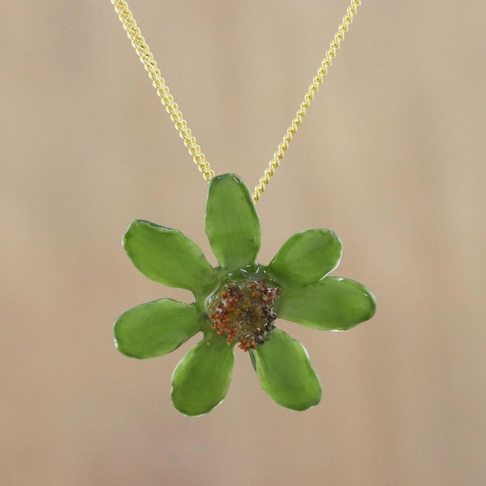 22k Gold Plated Green Zinnia Flower Pendant from Thailand 'Zinnia Charm in Green'