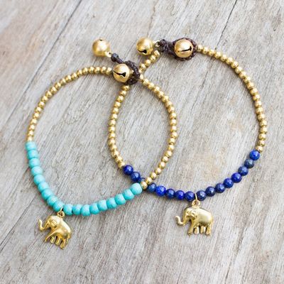 Alternate image for Brass Beaded Bracelets with Lapis Lazuli and Calcite Pair Stylish Elephants