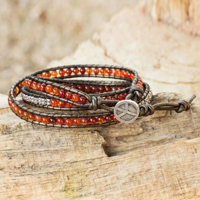 Alternate image for Fair Trade Leather Carnelian and Silver Handcrafted Bracelet Peace