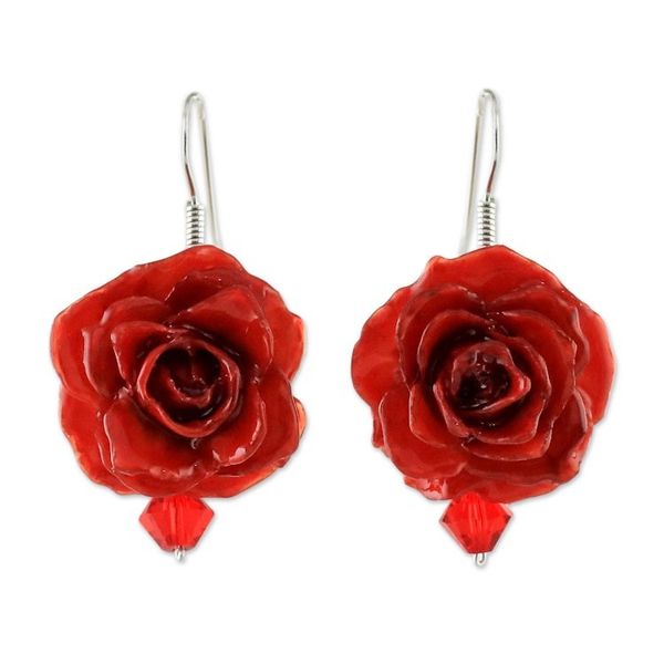 Alternate image for Natural Rose Dangle Earrings in Red from Thailand Floral Temptation in Red
