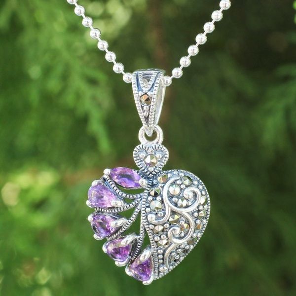 Alternate image for Amethyst Marcasite and Sterling Silver Heart Necklace Spectacular Romance