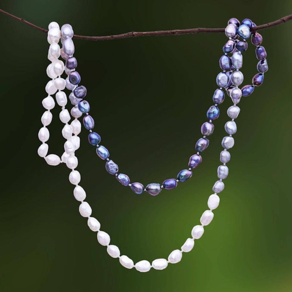 Cultured Pearl Long Strand Necklace in Grey from Thailand 'Blissful Woman in Grey'