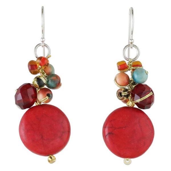 Alternate image for Red Calcite and Glass Bead Dangle Earrings from Thailand Red Circles