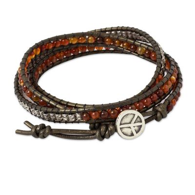 Alternate image for Fair Trade Leather Carnelian and Silver Handcrafted Bracelet Peace