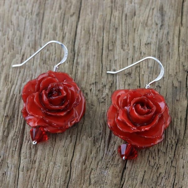 Alternate image for Natural Rose Dangle Earrings in Red from Thailand Floral Temptation in Red